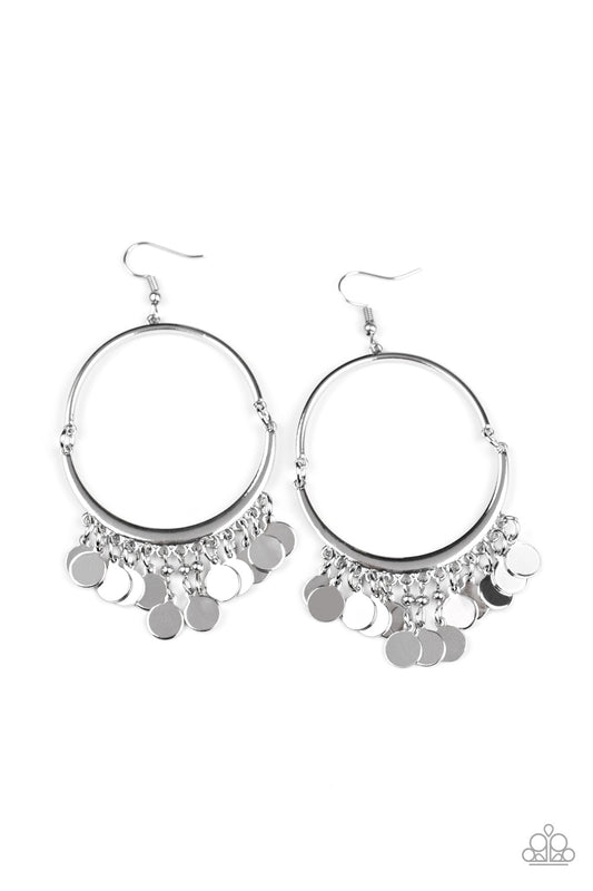 Shimmery silver discs dance along the bottom of two silver frames that delicately link into an airy hoop, creating a playful metallic fringe. Earring attaches to a standard fishhook fitting.  Sold as one pair of earrings.