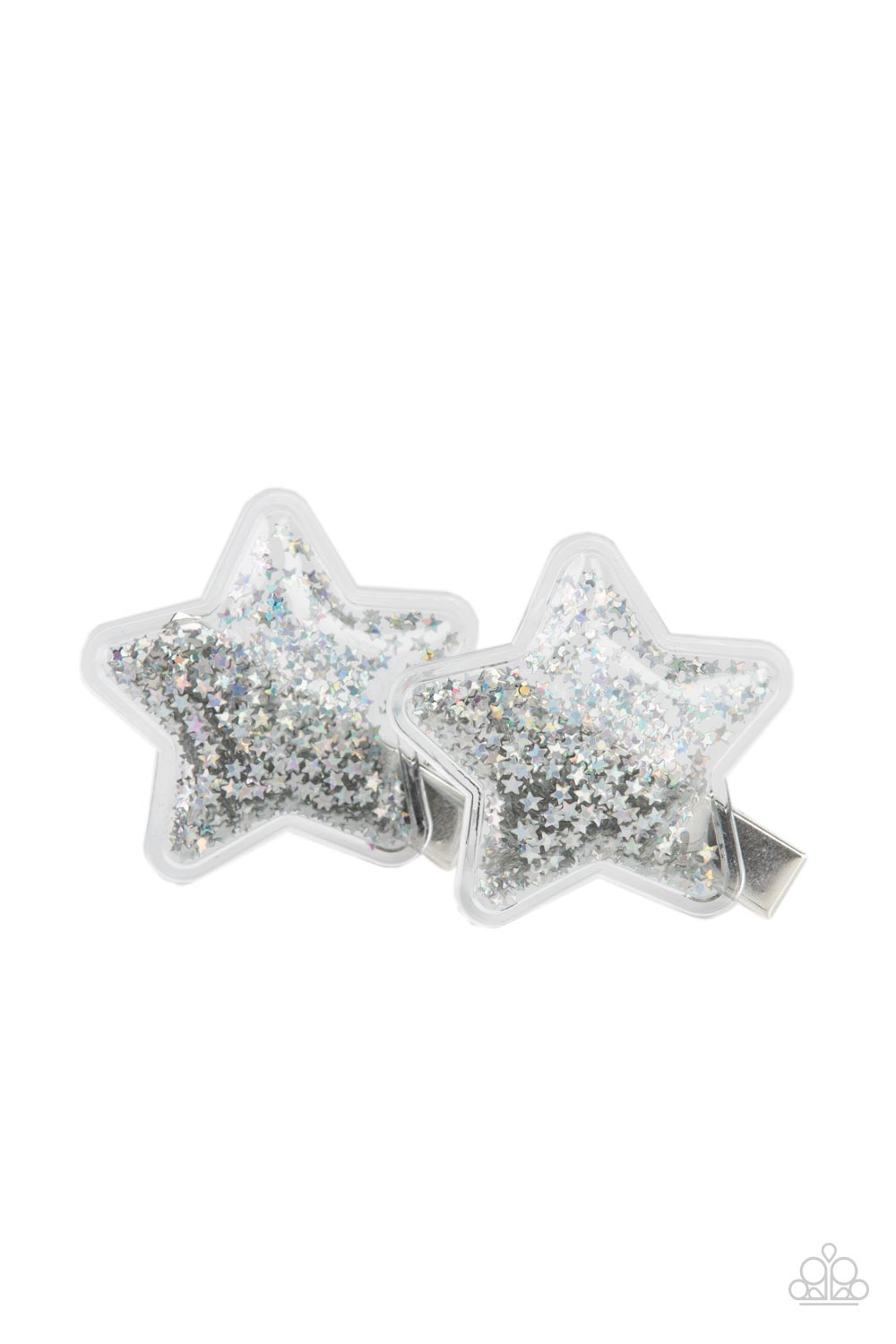 Sparkly silver star sequins are encased inside air filled plastic-like star frames, creating a stellar pair. Features standard hair clips on the back.  Sold as one pair of hair clips.