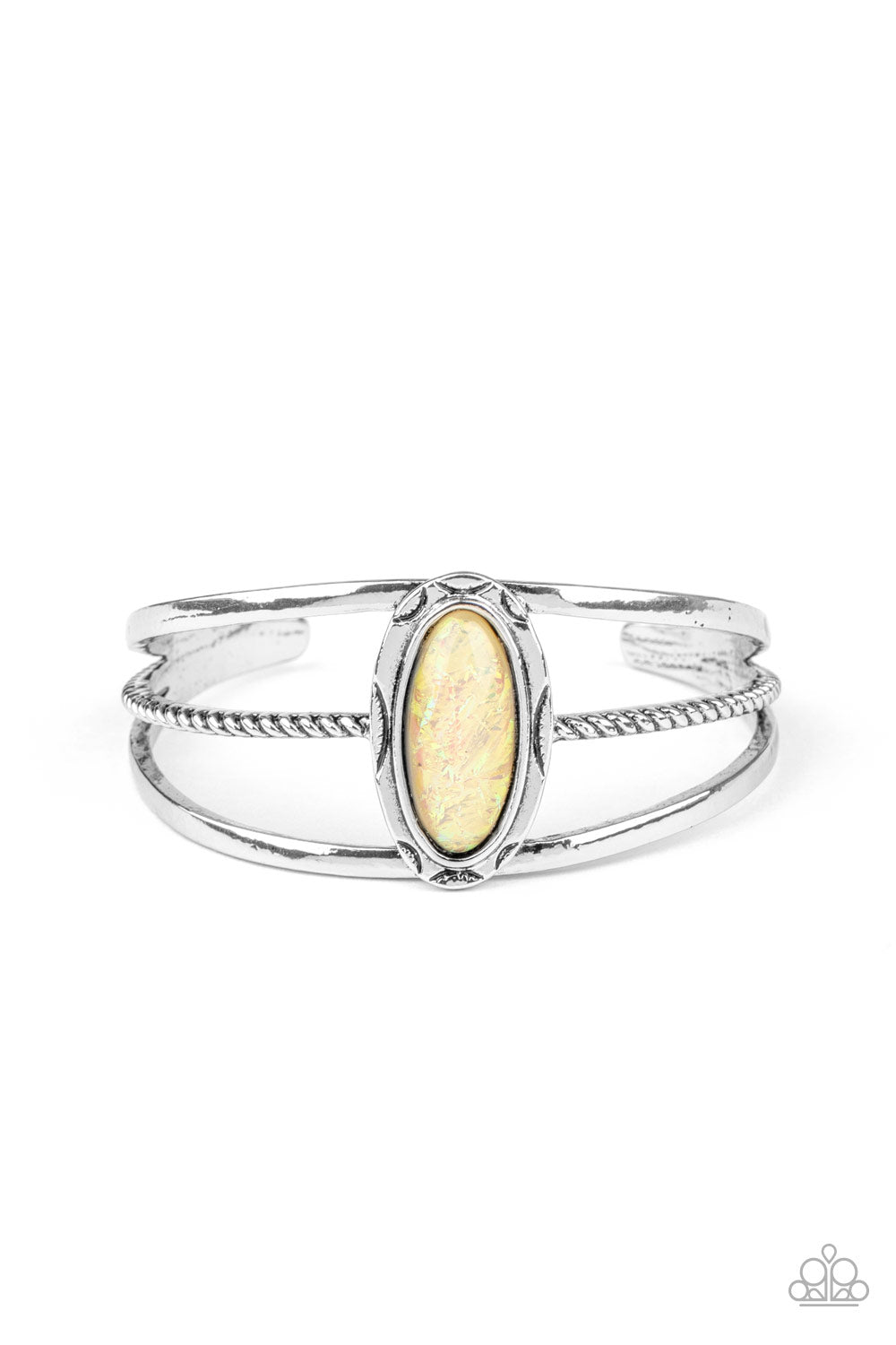 A glittery yellow stone is pressed into a decorative silver frame atop a mismatched layered cuff, creating a seasonal sparkle around the wrist.  Sold as one individual bracelet.