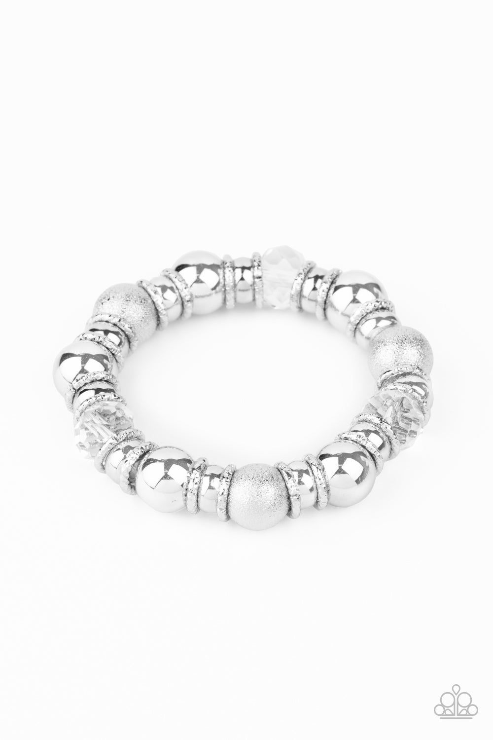 A glittery compilation of mismatched silver beads, silver rings, and sparkly white crystal-like beads are threaded along a stretchy band around the wrist for a glamorous glow.

Sold as one individual bracelet.
