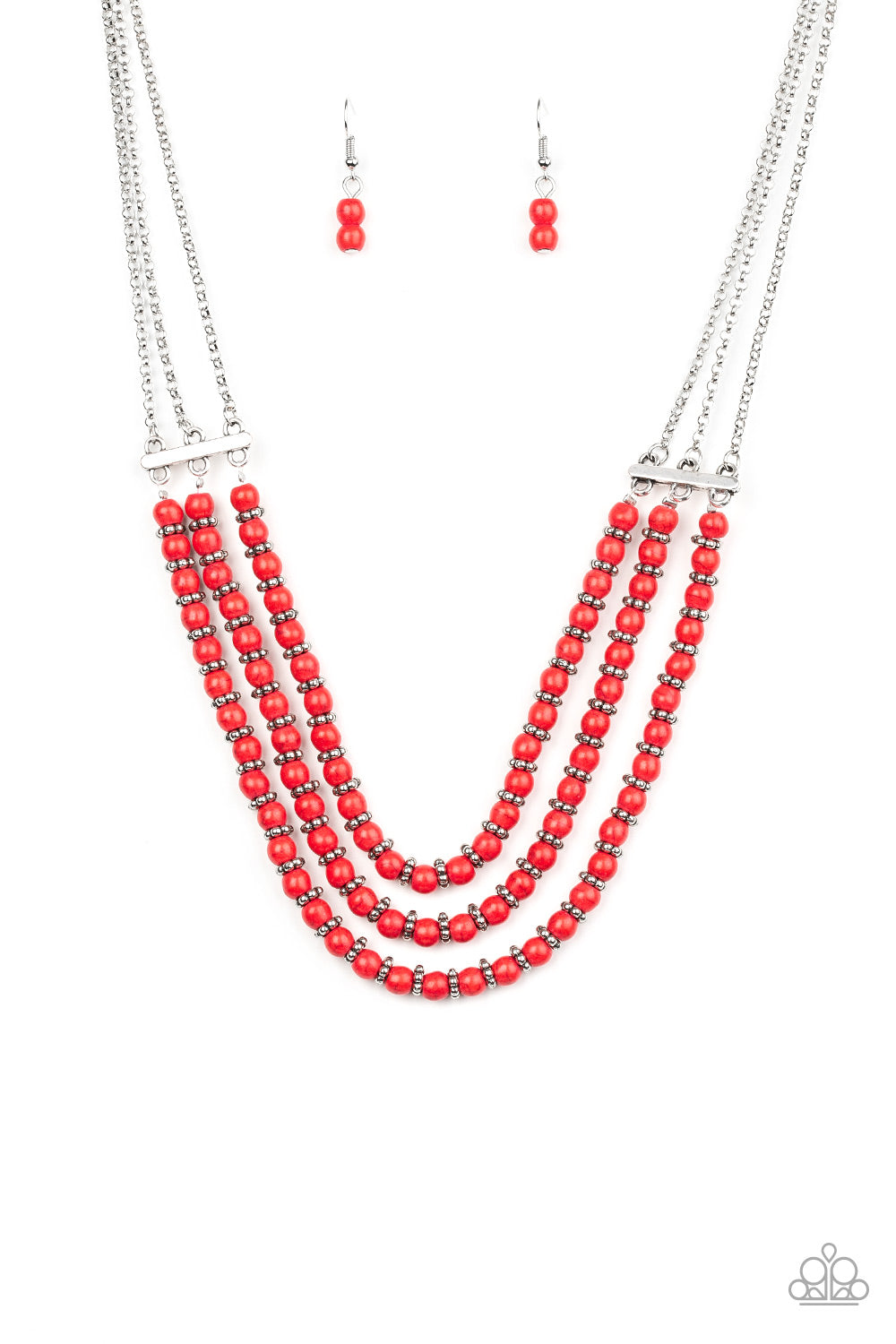 Strands of fiery red stones and textured silver accents are threaded along invisible wires streaming from the bottom of dainty silver chains, creating earthy layers below the collar. Features an adjustable clasp closure.  Sold as one individual necklace. Includes one pair of matching earrings.
