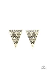 Infused with shiny black painted accents, the front of an oversized brass triangle frame is stamped in stacked geometric patterns for a trendy tribal look. Earring attaches to a standard post fitting.  Sold as one pair of post earrings.