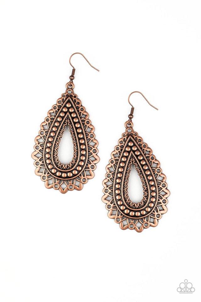 Petal-like textures fan out from a studded copper teardrop frame, creating a shiny metallic floral pattern. Earring attaches to a standard fishhook fitting.  Sold as one pair of earrings.
