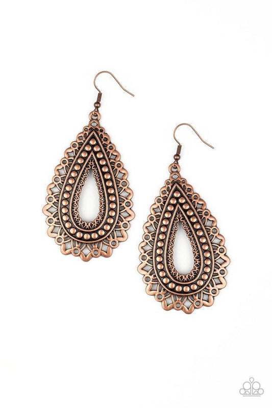 Petal-like textures fan out from a studded copper teardrop frame, creating a shiny metallic floral pattern. Earring attaches to a standard fishhook fitting.  Sold as one pair of earrings.