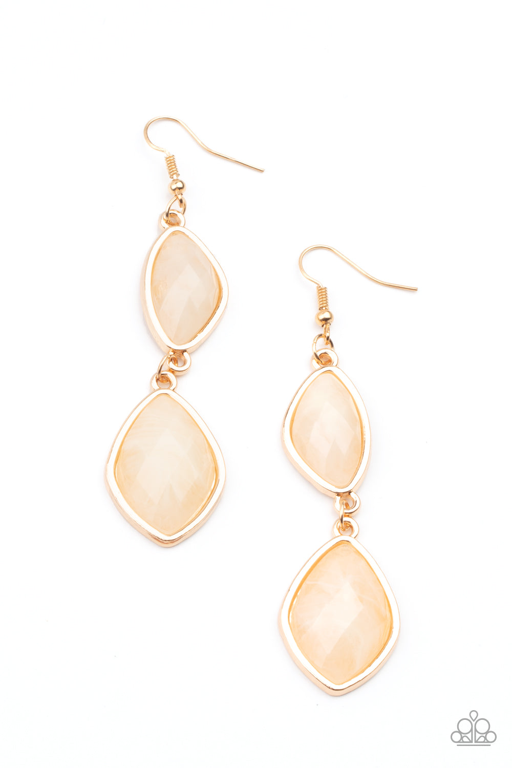 Featuring shimmery faceted surfaces, cloudy faux stone beads are pressed into sleek gold frames that link into a whimsically refined lure. Earring attaches to a standard fishhook fitting.  Sold as one pair of earrings.