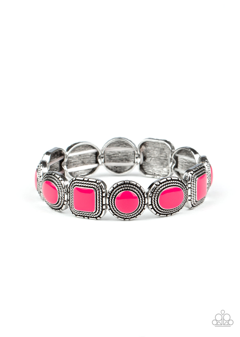 Painted in shiny Pink Peacock centers, studded oval, round, and square silver frames are threaded along stretchy bands around the wrist for a colorful vintage inspired look.  Sold as one individual bracelet.