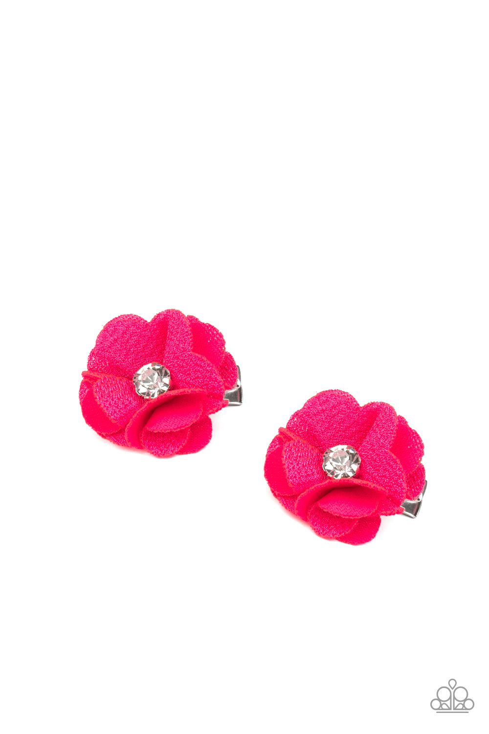 Textured pink petals bloom from a glittery white rhinestone center, creating a charming pair of colorful blossoms. Each flower features a standard hair clip on the back.  Sold as one pair of hair clips.