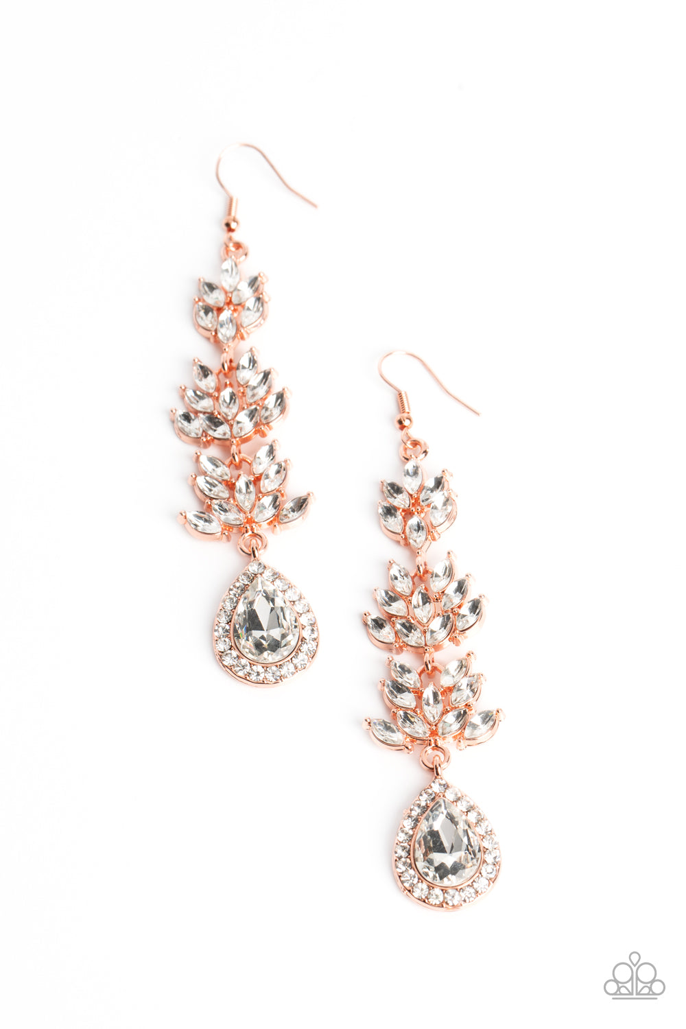 Modeled after water-lilies, marquise-cut reflective white petals form a water-lily shape in three expanding shiny copper shapes. Dangling under the watery shapes, a reflective white teardrop encrusted with white rhinestones ripples against a shiny copper backdrop for a whimsical finish. Earring attaches to a standard fishhook fitting.  Sold as one pair of earrings.