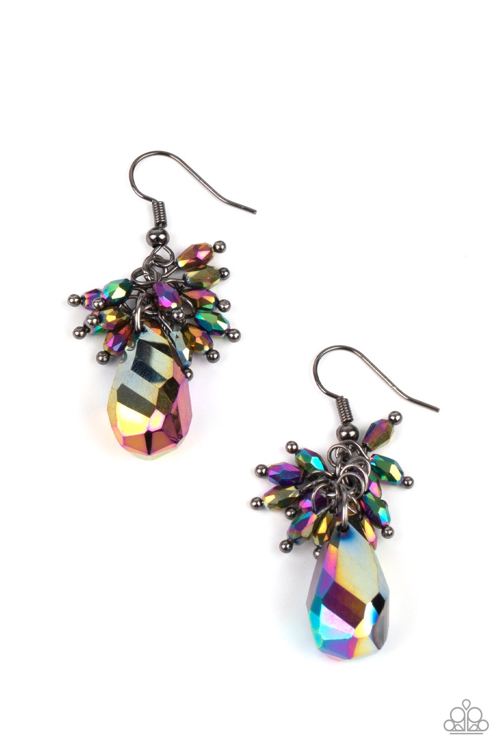 A cluster of dainty oil spill beads delicately overlap atop an oversized oil spill teardrop gem, creating a sparkly chandelier. Earring attaches to a standard fishhook fitting.  Sold as one individual earring.